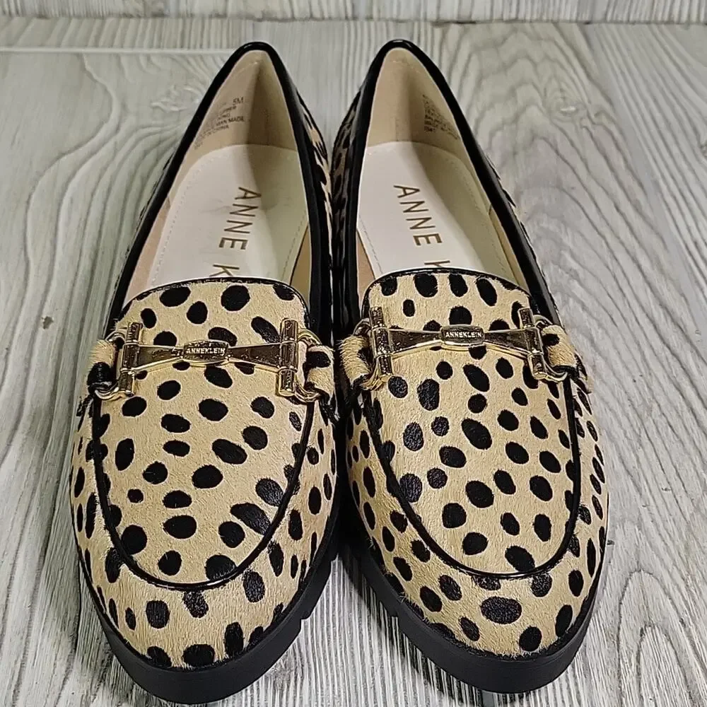 Anne Klein Lalita Cow Hair Dot Leopard Wedge Loafers Womens Size 5 NEW